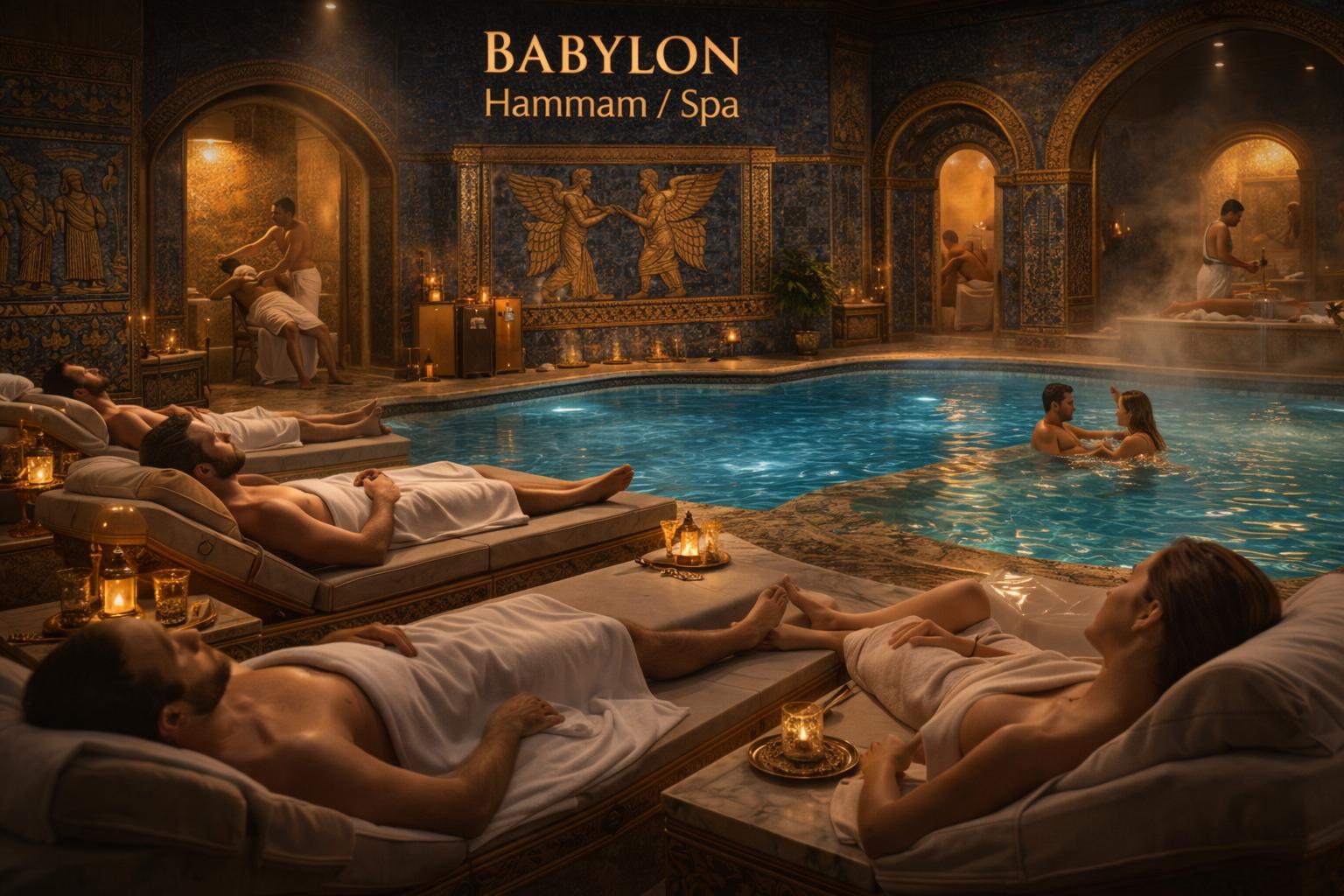 Hammam and lounge interior with warm candlelight