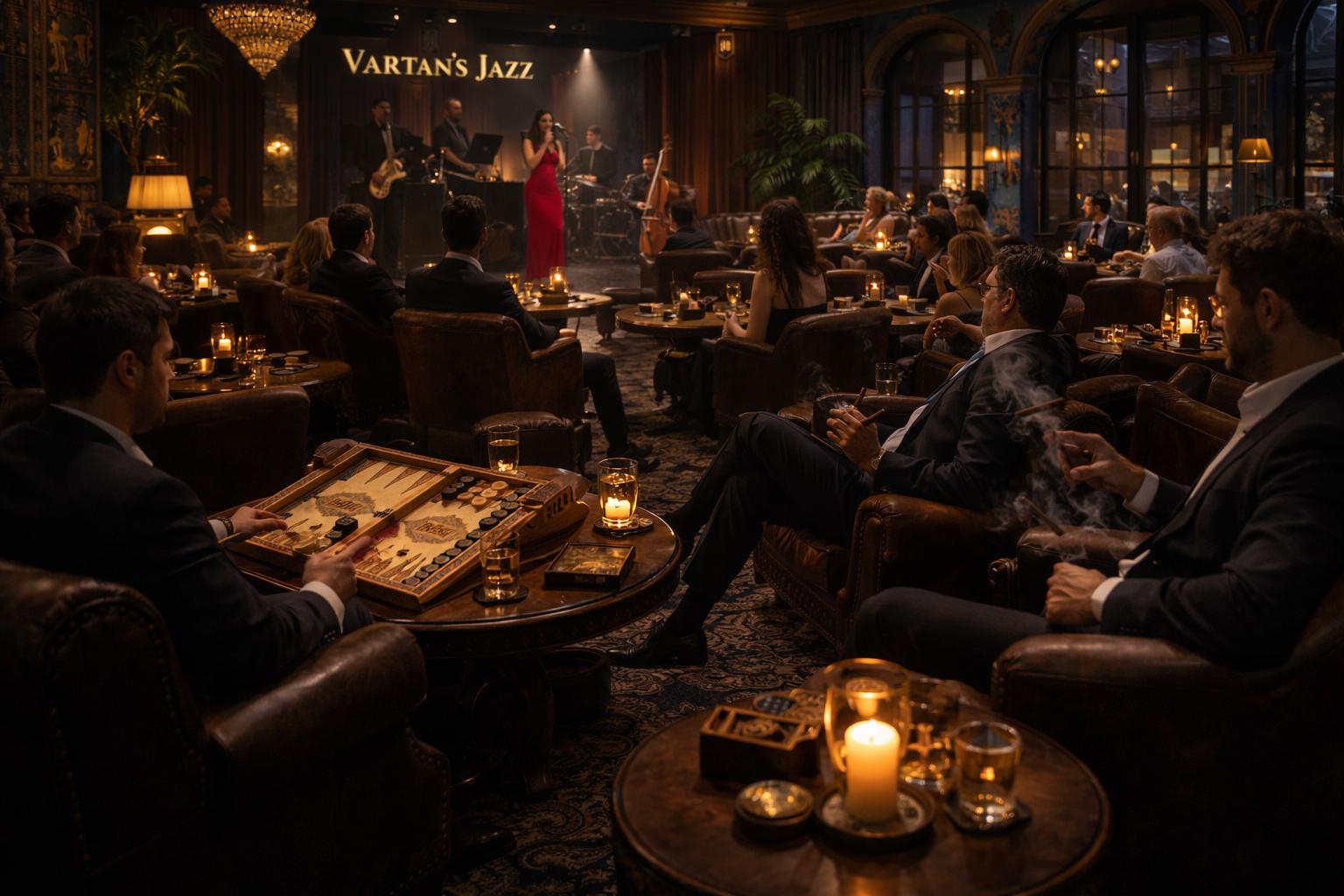 Babylon House backgammon and jazz lounge atmosphere