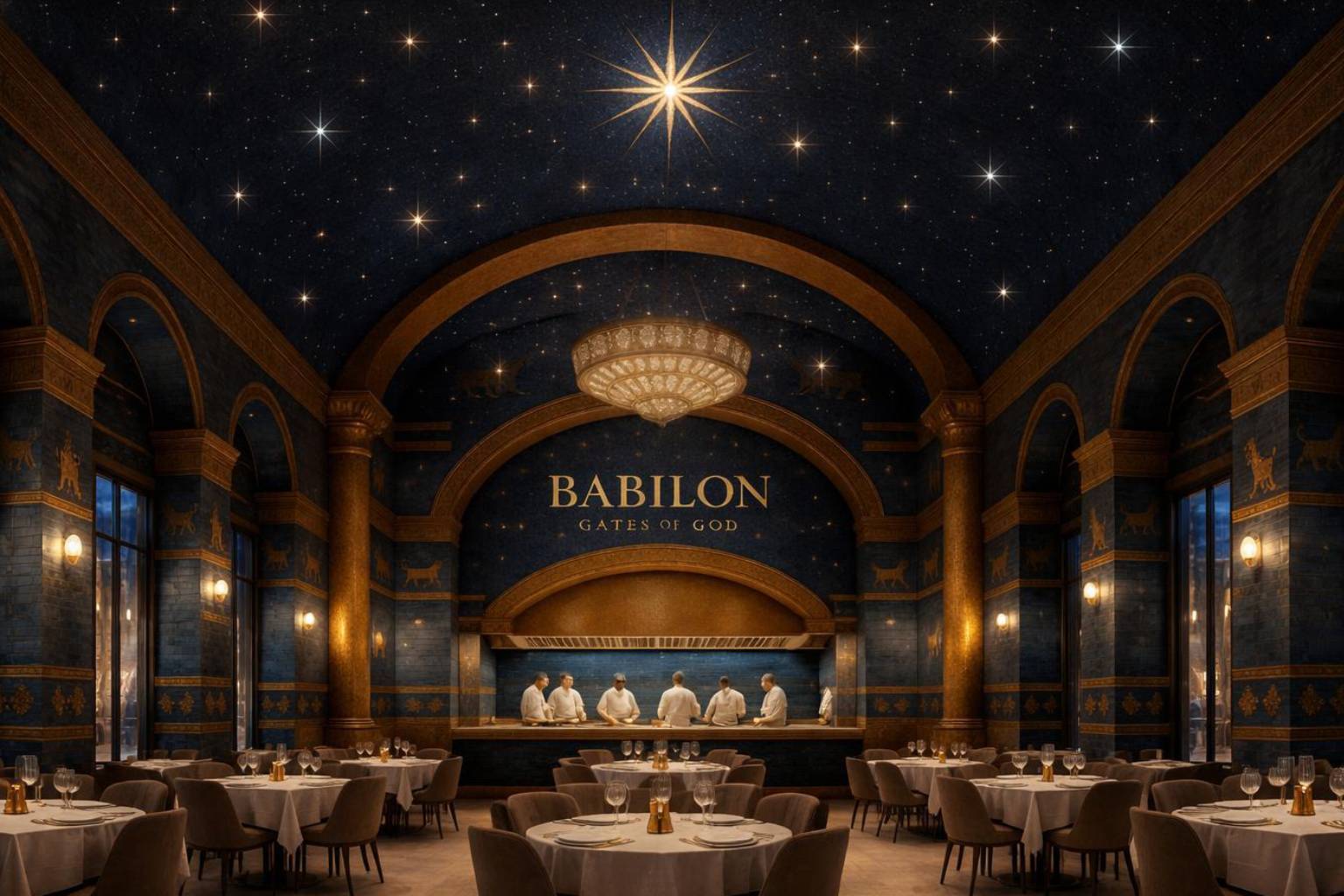 Babylon House fine dining hall and open kitchen